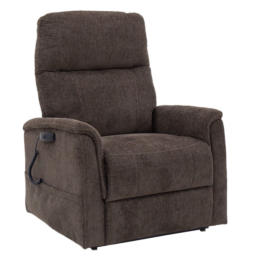 The Pride Mobility Genesis LC150 Lift Chair Recliner features brown fabric, plush cushioning, a high back, wide armrests, and a built-in remote control on the left side. Check product specifications for more details.